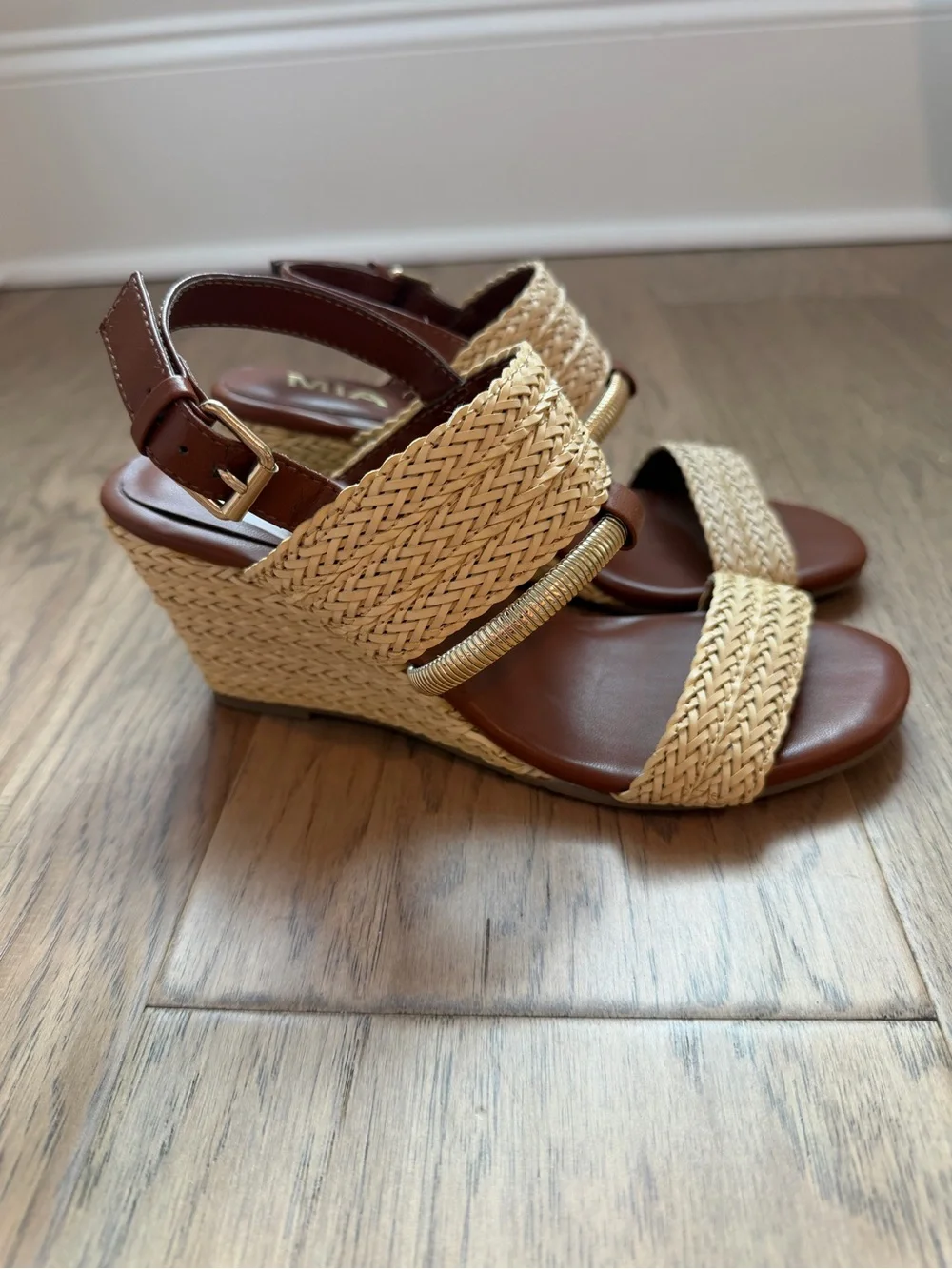 MIA Natural Straw Wedge Sandals with Brown Leather Straps